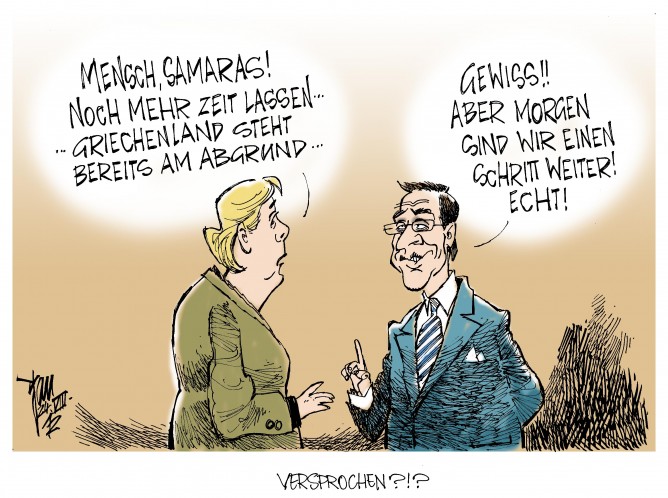 Euro-Krise, Griechenland, Merkel, Samaras, Caricatura,Caricature